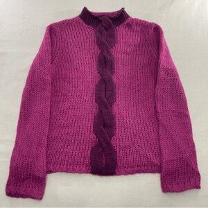 LL Bean Sweater Womens L Pink Mohair Wool Blend Cable Knit Mock Neck Pullover